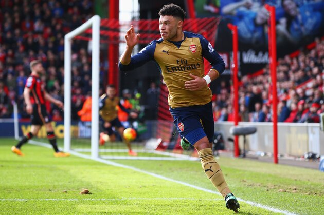 BOURNEMOUTH, ENGLAND - FEBRUARY 07:  Alex Oxlade-Chamberlain of Arsenal celebrates as he scores their second goal during the Barclays Premier League match between A.F.C. Bournemouth and Arsenal at the Vitality Stadium on February 7, 2016 in Bournemouth, England.  (Photo by Matthew Lewis/Getty Images)