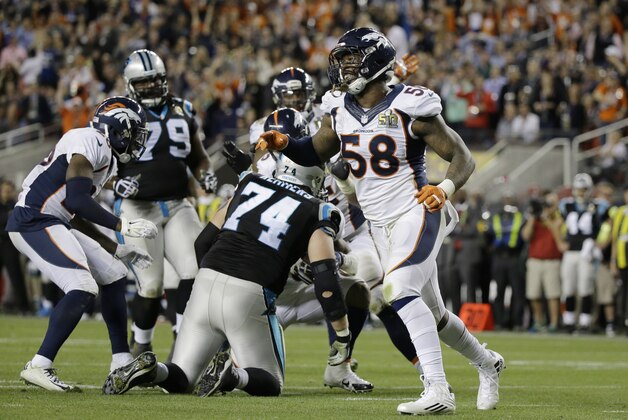Denver Broncos’ Von Miller (58) celebrates after a play during the second half of the NFL Super Bowl 50 football game against the Carolina Panthers, Sunday, Feb. 7, 2016, in Santa Clara, Calif. (AP Photo/Ben Margot)