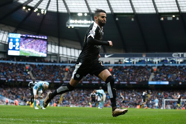 Leicester City's Algerian midfielder Riyad Mahrez celebrates after scoring his team's second goal during the English Premier League football match between Manchester City and Leicester City at the Etihad Stadium in Manchester, north west England, on February 6, 2016.  / AFP / ADRIAN DENNIS / RESTRICTED TO EDITORIAL USE. No use with unauthorized audio, video, data, fixture lists, club/league logos or 'live' services. Online in-match use limited to 75 images, no video emulation. No use in betting, games or single club/league/player publications.  /         (Photo credit should read ADRIAN DENNIS/AFP/Getty Images)