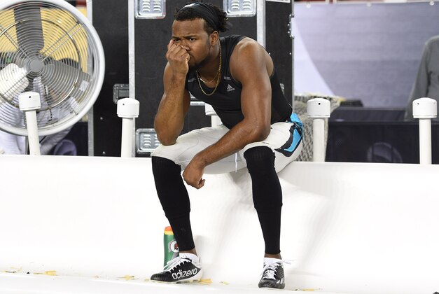 Feb 7, 2016; Santa Clara, CA, USA; Carolina Panthers cornerback Josh Norman (24) reacts on the bench after the game against the Denver Broncos in Super Bowl 50 at Levi's Stadium. The Broncos won 24-10. Mandatory Credit: Kyle Terada-USA TODAY Sports
