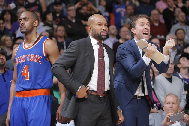 SACRAMENTO, CA - DECEMBER 10: Head Coach Derek Fisher and associate head coach Kurt Rambis of the New York Knicks coach against the Sacramento Kings on December 10, 2015 at Sleep Train Arena in Sacramento, California. NOTE TO USER: User expressly acknowledges and agrees that, by downloading and or using this photograph, User is consenting to the terms and conditions of the Getty Images Agreement. Mandatory Copyright Notice: Copyright 2015 NBAE (Photo by Rocky Widner/NBAE via Getty Images)