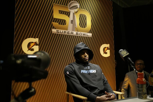 Carolina Panthers’ Cam Newton answers questions after the NFL Super Bowl 50 football game against the Denver Broncos Sunday, Feb. 7, 2016, in Santa Clara, Calif.  The Broncos won 24-10. (AP Photo/Marcio Jose Sanchez)