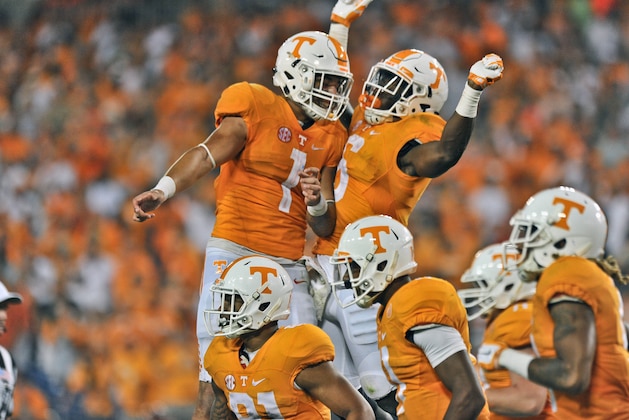 Sep 5, 2015; Nashville, TN, USA; Tennessee Volunteers running back Alvin Kamara (6) celebrates scoring a touchdown against the Bowling Green Falcons with teammate Volunteers running back Jalen Hurd (1) during the second half at Nissan Stadium. Tennessee won 59-30. Mandatory Credit: Jim Brown-USA TODAY Sports