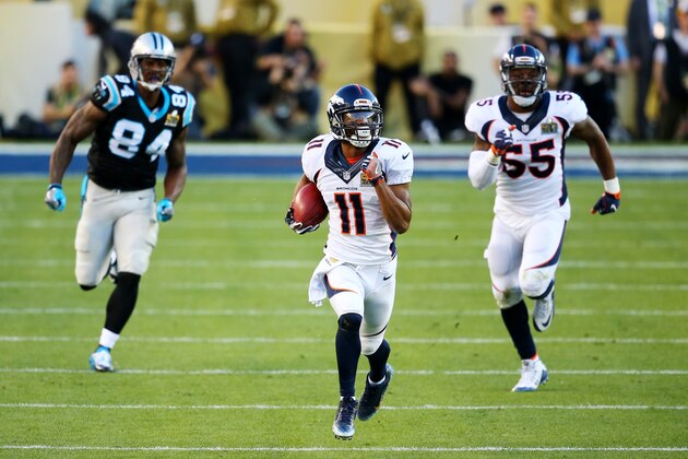SANTA CLARA, CA - FEBRUARY 07:  Jordan Norwood #11 of the Denver Broncos returns a punt against the Carolina Panthers in the second quarter during Super Bowl 50 at Levi's Stadium on February 7, 2016 in Santa Clara, California.  (Photo by Maddie Meyer/Getty Images)