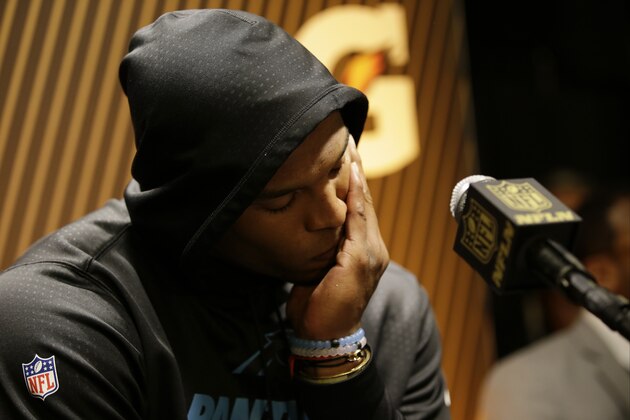Carolina Panthers’ Cam Newton answers questions after the NFL Super Bowl 50 football game against the Denver Broncos Sunday, Feb. 7, 2016, in Santa Clara, Calif.  The Broncos won 24-10. (AP Photo/Marcio Jose Sanchez)