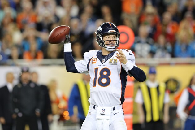 Denver Broncos QB Peyton Manning #18 in action against the Carolina Panthers’ during the NFL Super Bowl 50 football game Sunday, Feb. 7, 2016, in Santa Clara, Calif.  (AP Photo/Gregory Payan)