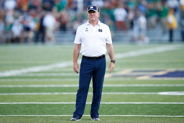 SOUTH BEND, IN - SEPTEMBER 5: Head coach Brian Kelly of the Notre Dame Fighting Irish looks on before a game against the Texas Longhorns at Notre Dame Stadium on September 5, 2015 in South Bend, Indiana. Notre Dame defeated Texas 38-3. (Photo by Joe Robbins/Getty Images)