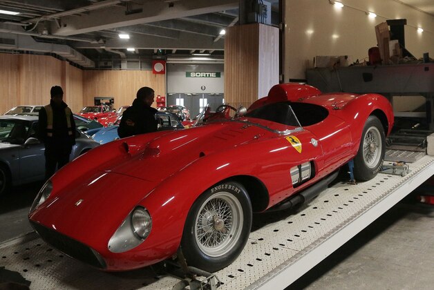 A photo shows a 1957 Ferrari 335S Spider Scaglietti car valued at more than 32 millions of euros on February 2, 2016 in Paris, ahead of a sports car auction scheduled on February 5.  / AFP / JACQUES DEMARTHON        (Photo credit should read JACQUES DEMARTHON/AFP/Getty Images)