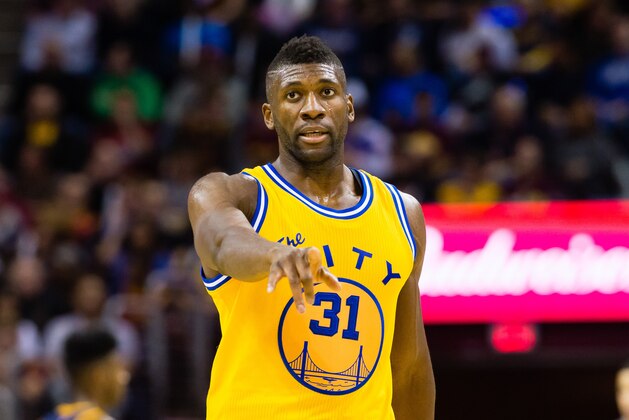 CLEVELAND, OH - JANUARY 18: Festus Ezeli #31 of the Golden State Warriors yells to his team during the first half against the Cleveland Cavaliers at Quicken Loans Arena on January 18, 2016 in Cleveland, Ohio. NOTE TO USER: User expressly acknowledges and agrees that, by downloading and/or using this photograph, user is consenting to the terms and conditions of the Getty Images License Agreement. Mandatory copyright notice. (Photo by Jason Miller/Getty Images)