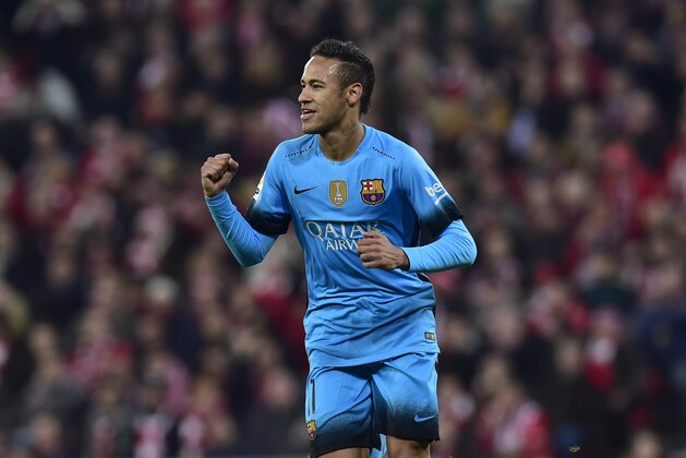 FC Barcelona's Neymar of Brazil, right, celebrates his goal after scoring during their Spanish Copa del Rey soccer match, round 8, first leg, between Athletic Bilbao and FC Barcelona, at San Mames stadium, in Bilbao northern Spain, Wednesday, Jan. 20 2016. (AP Photo/Alvaro Barrientos) FC Barcelona's Neymar of Brazil, right, celebrates his goal after scoring during their Spanish Copa del Rey soccer match, round 8, first leg, between Athletic Bilbao and FC Barcelona, at San Mames stadium, in Bilbao northern Spain, Wednesday, Jan. 20 2016. (AP Photo/Alvaro Barrientos)
