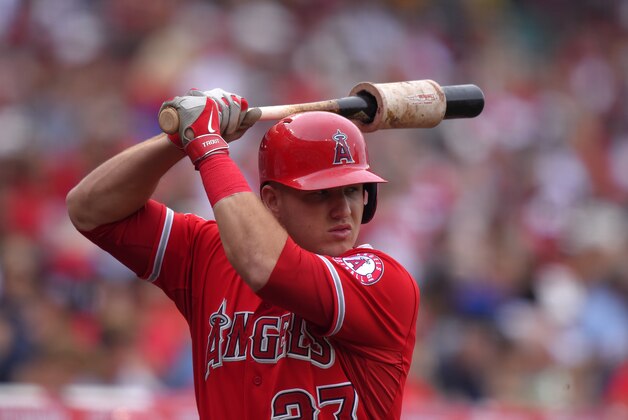 Los Angeles Angels' Mike Trout prepares to bat during the first inning of a baseball game against the New York Yankees, Wednesday, July 1, 2015, in Anaheim, Calif. (AP Photo/Mark J. Terrill)
