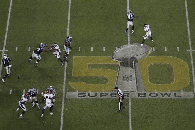 Carolina Panthers’ Cam Newton (1) fumbles as he is hit during the second half of the NFL Super Bowl 50 football game against the Denver Broncos Sunday, Feb. 7, 2016, in Santa Clara, Calif. (AP Photo/Tim Donnelly)