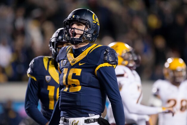 Nov 28, 2015; Berkeley, CA, USA; California Golden Bears quarterback Jared Goff (16) celebrates after a two point conversion against the Arizona State Sun Devils during the fourth quarter at Memorial Stadium. The California Golden Bears defeated the Arizona State Sun Devils 48-46. Mandatory Credit: Kelley L Cox-USA TODAY Sports