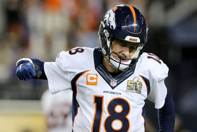 Denver Broncos QB Peyton Manning #18 celebrates a TD pass in the fourth quarter against the Carolina Panthers’ during the NFL Super Bowl 50 football game Sunday, Feb. 7, 2016, in Santa Clara, Calif.  (AP Photo/Gregory Payan)