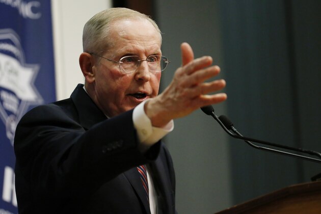 Former New York Giants head coach Tom Coughlin speaks during a news conference Tuesday, Jan. 5, 2016, in East Rutherford, N.J. (AP Photo/Julio Cortez)