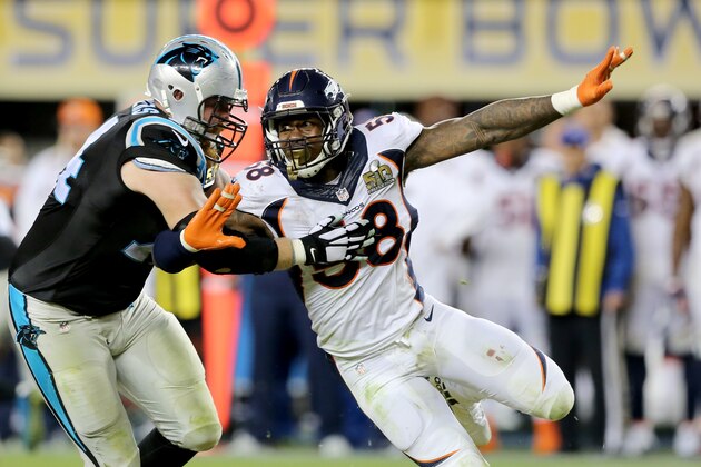 Denver Broncos’ Von Miller (58) makes an outside rush against the Carolina Panthers’ Mike Remmers (74) during the NFL Super Bowl 50 football game Sunday, Feb. 7, 2016, in Santa Clara, Calif.  (AP Photo/Gregory Payan)