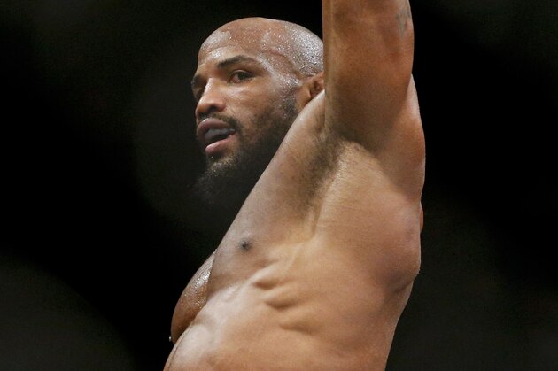 Yoel Romero reacts after defeating Ronaldo Souza in a middleweight mixed martial arts bout at UFC 194, Saturday, Dec. 12, 2015, in Las Vegas. (AP Photo/John Locher)