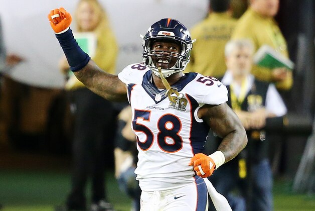 SANTA CLARA, CA - FEBRUARY 07:  Von Miller #58 of the Denver Broncos reacts after a play in the third quarter against the Carolina Panthers during Super Bowl 50 at Levi's Stadium on February 7, 2016 in Santa Clara, California.  (Photo by Maddie Meyer/Getty Images)