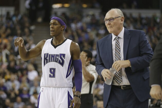 Sacramento Kings guard Rajon Rondo talks with Kings head coach George Karl during the second half of an NBA basketball game against the Memphis Grizzlies in Sacramento, Calif., Tuesday, Nov. 3, 2015. The Grizzlies won 103-89.(AP Photo/Rich Pedroncelli)