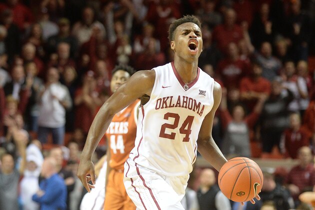 Feb 8, 2016; Norman, OK, USA; Oklahoma Sooners guard Buddy Hield (24) reacts after intercepting an inbounds pass to seal the victory against the Texas Longhorns. The Sooners defeated the Longhorns 63-60 at Lloyd Noble Center. Mandatory Credit: Mark D. Smith-USA TODAY Sports