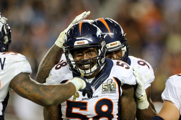 Denver Broncos’ Von Miller (58) celebrates a sack/strip of with teammates in the fourth quarter of the NFL Super Bowl 50 football game Sunday, Feb. 7, 2016, in Santa Clara, Calif.  (AP Photo/Gregory Payan)