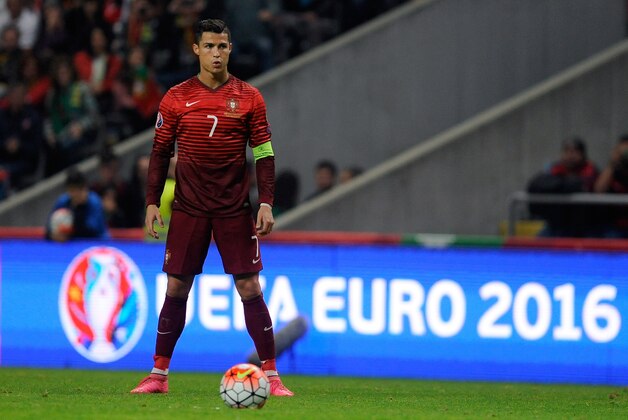 Portugal’s Cristiano Ronaldo gets ready to shoot a free kick during the Euro 2016 qualifying group I soccer match between Portugal and Denmark at the Municipal Stadium in Braga, Portugal, Thursday, Oct. 8 2015. Portugal defeated Denmark 1-0. (AP Photo/Paulo Duarte)