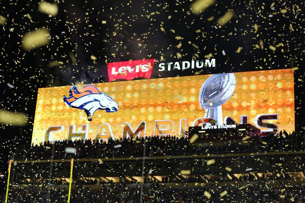 The Levi's Stadium scoreboard celebrates the Denver Broncos championship after winning the NFL Super Bowl 50 football game Sunday, Feb. 7, 2016, in Santa Clara, Calif.  (AP Photo/Gregory Payan)