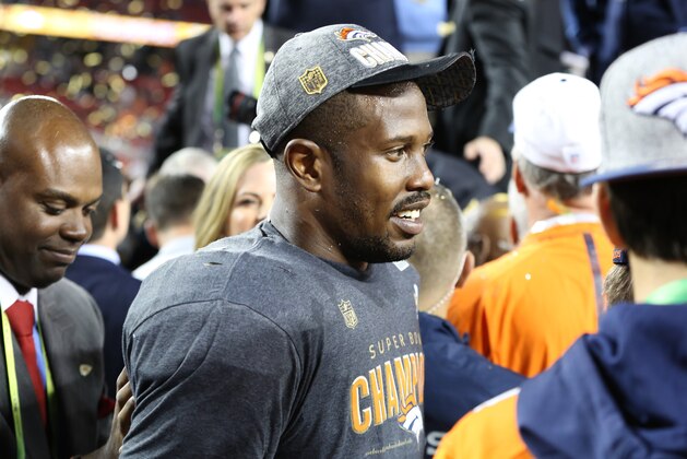 Denver Broncos’ Von Miller (58) is seen after the NFL Super Bowl 50 football game Sunday, Feb. 7, 2016, in Santa Clara, Calif.  (AP Photo/Gregory Payan)
