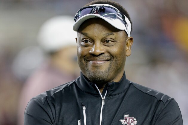 COLLEGE STATION, TX - NOVEMBER 07:  Head coach Kevin Sumlin of the Texas A&M Aggies during warm ups before playing against the Auburn Tigers  at Kyle Field on November 7, 2015 in College Station, Texas.  (Photo by Bob Levey/Getty Images)