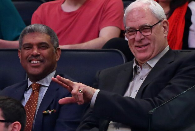 Apr 5, 2015; New York, NY, USA; New York Knicks general manager Phil Jackson smiles against the Philadelphia 76ers during the second half at Madison Square Garden. The Knicks defeated the 76ers 101 - 91. Mandatory Credit: Adam Hunger-USA TODAY Sports