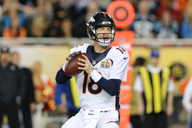 Denver Broncos’ Peyton Manning #18 in action against the Carolina Panthers during the NFL Super Bowl 50 football game Sunday, Feb. 7, 2016, in Santa Clara, Calif.  (AP Photo/Gregory Payan)