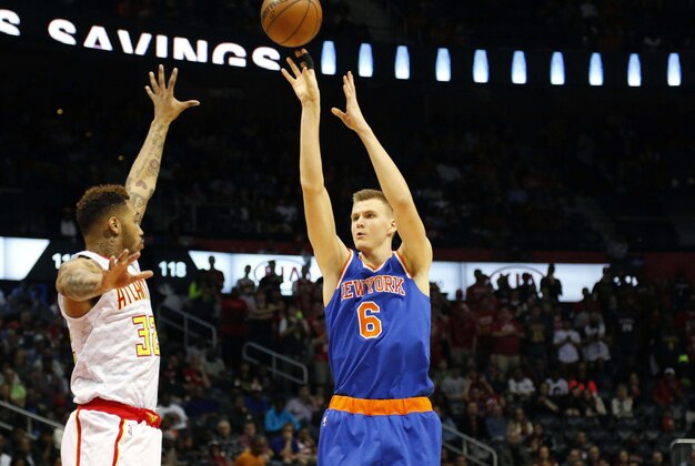 Dec 26, 2015; Atlanta, GA, USA; New York Knicks forward Kristaps Porzingis (6) shoots the ball against the Atlanta Hawks in the second quarter at Philips Arena. Mandatory Credit: Brett Davis-USA TODAY Sports