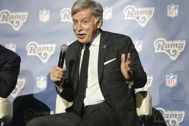 St. Louis Rams owner Stan Kroenke takes questions from the media at a news conference at The Forum in Inglewood, Calif., on Friday, Jan. 15, 2016. The Rams are returning to play in 2016 in the Los Angeles area at a new stadium to be built on a site near The Forum. (AP Photo/Nick Ut)