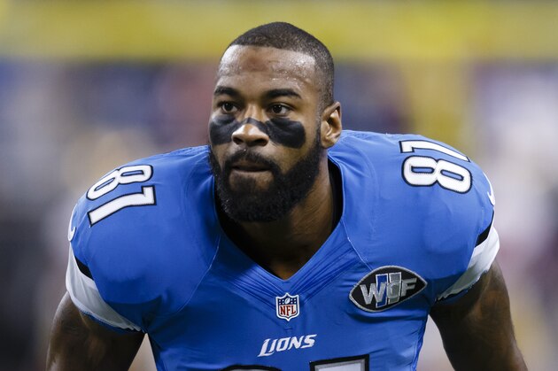 Detroit Lions wide receiver Calvin Johnson (81) during warm ups before an NFL football game against the San Francisco 49ers at Ford Field in Detroit, Sunday, Dec. 27, 2015. (AP Photo/Rick Osentoski)
