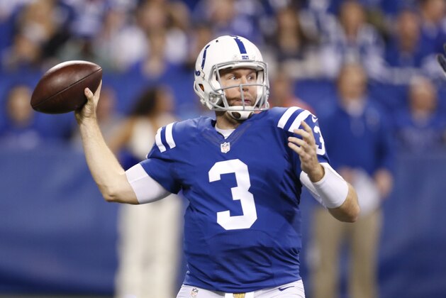 Indianapolis Colts quarterback Ryan Lindley (3) during the second half of an NFL football game against the Tennessee Titans in Indianapolis, Sunday, Jan. 3, 2016. The Colts defeat the Titans 30-24.  (AP Photo/AJ Mast)