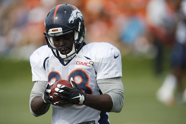 Denver Broncos running back Montee Ball (28) during drills at the team's NFL football training camp Thursday, Aug. 6, 2015, in Englewood, Colo. (AP Photo/David Zalubowski)