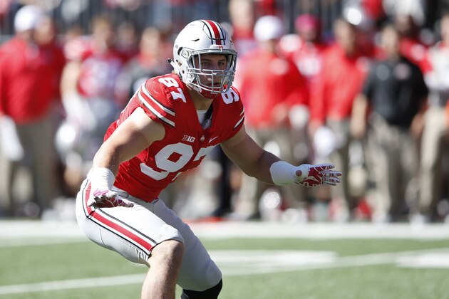 COLUMBUS, OH - OCTOBER 10: Joey Bosa #97 of the Ohio State Buckeyes in action against the Maryland Terrapins during a game at Ohio Stadium on October 10, 2015 in Columbus, Ohio. The Buckeyes defeated the Terrapins 49-28. (Photo by Joe Robbins/Getty Images)