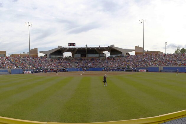 Fans fill the Hall of Fame Stadium at the NCAA Women's College World Series softball game in Oklahoma City, Friday, May 29, 2015. (AP Photo/Alonzo Adams)