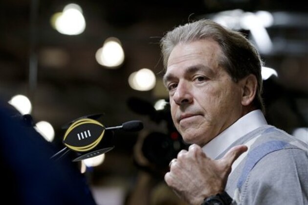 Alabama head coach Nick Saban gestures during media day for the NCAA College Football Playoff National Championship in Phoenix, Saturday, Jan. 9, 2016. Alabama will face Clemson in Monday's game. (AP Photo/David J. Phillip)