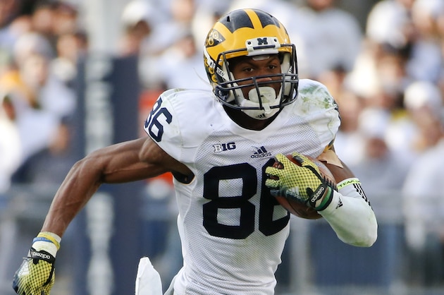 Michigan wide receiver Jehu Chesson (86) plays during an NCAA college football game against Penn State in State College, Pa., Saturday, Nov. 21, 2015. (AP Photo/Gene J. Puskar)