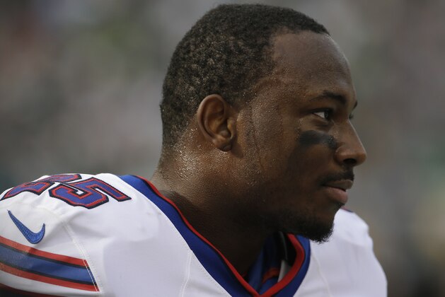 Buffalo Bills' LeSean McCoy looks on from the sidelines during the first half of an NFL football game against the Philadelphia Eagles, Sunday, Dec. 13, 2015, in Philadelphia. (AP Photo/Matt Rourke)