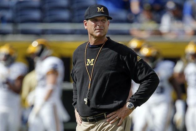 Jan 1, 2016; Orlando, FL, USA; Michigan Wolverines head coach Jim Harbaugh looks at his players before the 2016 Citrus Bowl against the Florida Gators at Orlando Citrus Bowl Stadium. Mandatory Credit: Reinhold Matay-USA TODAY Sports