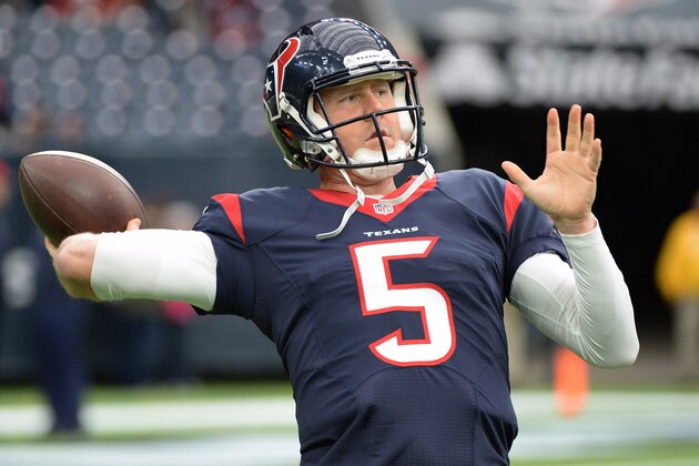 Houston Texans quarterback Brandon Weeden (5) throws before an NFL football game against the Jacksonville Jaguars, Sunday, Jan. 3, 2016, in Houston. (AP Photo/George Bridges)