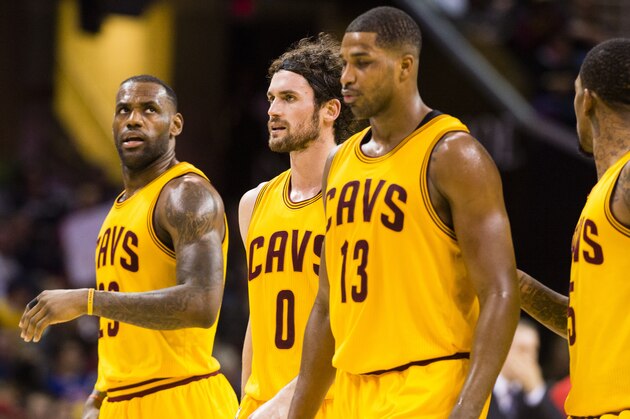CLEVELAND, OH - JANUARY 25:  LeBron James #23 of the Cleveland Cavaliers walks with Kevin Love #0 and Tristan Thompson #13 during the game against the Minnesota Timberwolves at Quicken Loans Arena on January 25, 2016 in Cleveland, Ohio. The Cavaliers defeated the Timberwolves 114-107. NOTE TO USER: User expressly acknowledges and agrees that, by downloading and/or using this photograph, user is consenting to the terms and conditions of the Getty Images License Agreement. Mandatory copyright notice. (Photo by Jason Miller/Getty Images)