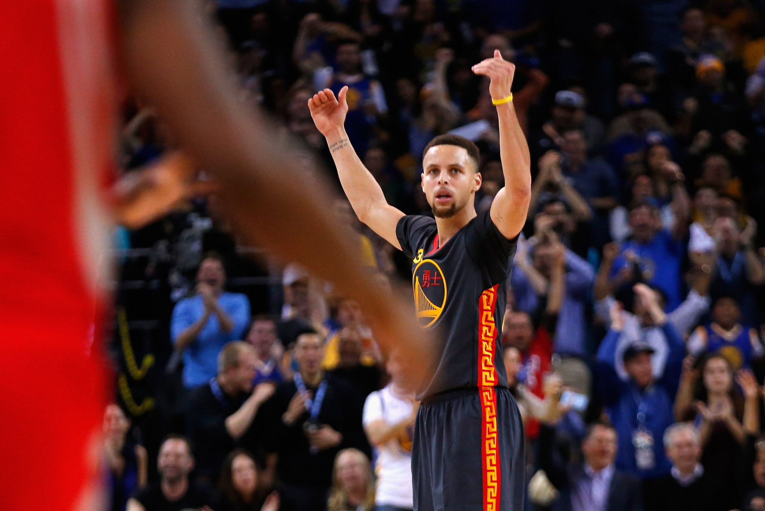 OAKLAND, CA - FEBRUARY 09:  Stephen Curry #30 of the Golden State Warriors reacts during their game against the Houston Rockets at ORACLE Arena on February 9, 2016 in Oakland, California.  NOTE TO USER: User expressly acknowledges and agrees that, by downloading and or using this photograph, User is consenting to the terms and conditions of the Getty Images License Agreement.  (Photo by Ezra Shaw/Getty Images)