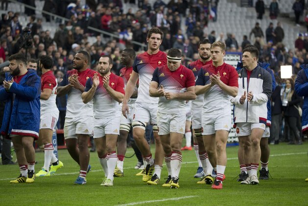 France’s players applaud after winning the Six Nations tournament rugby match between France and Italy,  at Stade de France in Saint-Denis, north of Paris, Saturday  Feb. 6, 2016. (AP Photo/Jacques Brinon)
