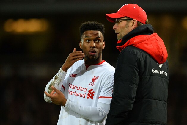 Liverpool's German manager Jurgen Klopp speaks with Liverpool's English striker Daniel Sturridge (L) during the English FA Cup fourth round replay football match between West Ham United and Liverpool at The Boleyn Ground in Upton Park, east London, on February 9, 2016. / AFP / GLYN KIRK / RESTRICTED TO EDITORIAL USE. No use with unauthorized audio, video, data, fixture lists, club/league logos or 'live' services. Online in-match use limited to 75 images, no video emulation. No use in betting, games or single club/league/player publications.  /         (Photo credit should read GLYN KIRK/AFP/Getty Images)