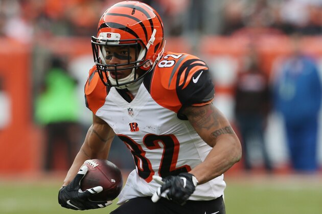 Cincinnati Bengals wide receiver Marvin Jones (82) against the Cleveland Browns in the first half of an NFL football game, Sunday, Dec. 6, 2015, in Cleveland. (AP Photo/Ron Schwane)