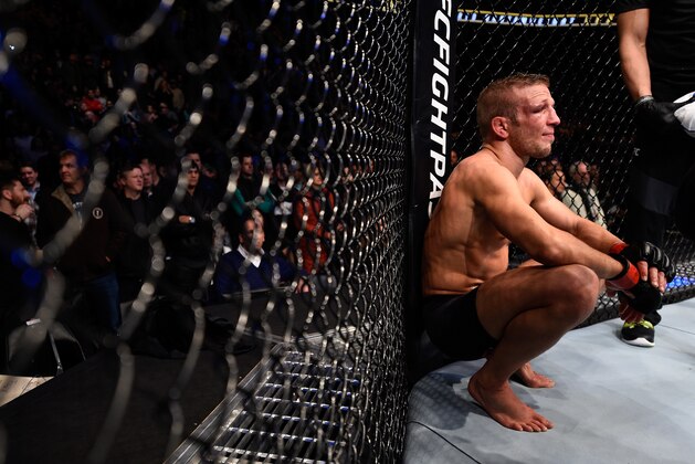 BOSTON, MA - JANUARY 17:  TJ Dillashaw reacts after his split-decision loss to Dominick Cruz in their UFC bantamweight championship bout during the UFC Fight Night event inside TD Garden on January 17, 2016 in Boston, Massachusetts. (Photo by Jeff Bottari/Zuffa LLC/Zuffa LLC via Getty Images)