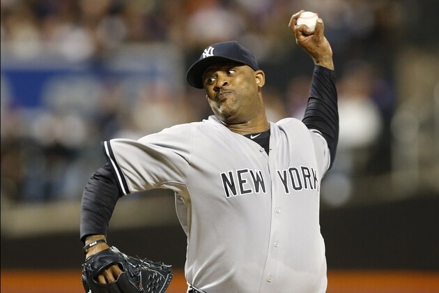 New York Yankees starting pitcher CC Sabathia delivers in the first inning of a baseball game against the New York Mets in New York, Sunday, Sept. 20, 2015. (AP Photo/Kathy Willens)